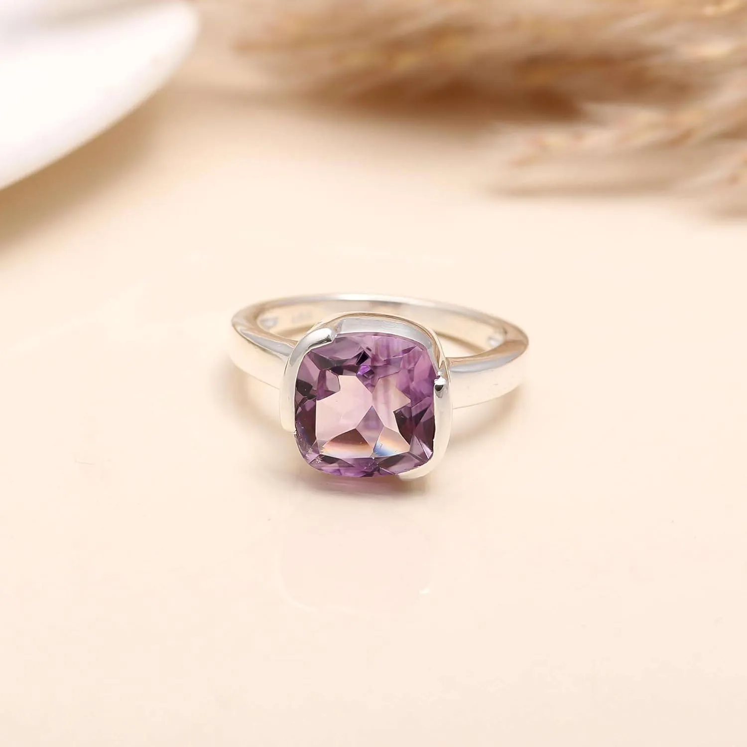 Round Gemstone Purple Amethyst Gemstone Engagement Rings for Women, 925 Sterling Silver Statement Jewelry Rings
