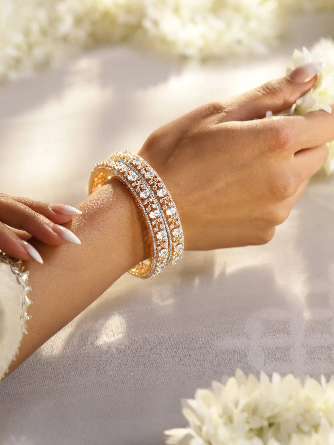 Rubans Set Of 2 22K Gold Plated CZ Studded Bangles