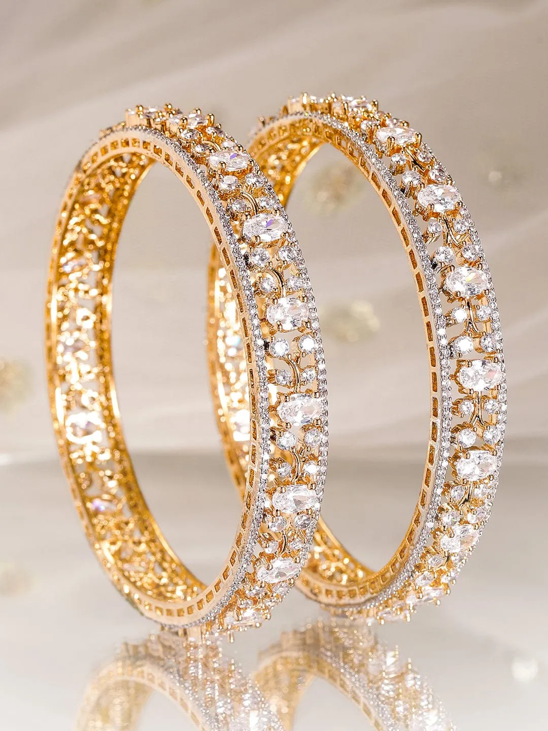 Rubans Set Of 2 22K Gold Plated CZ Studded Bangles