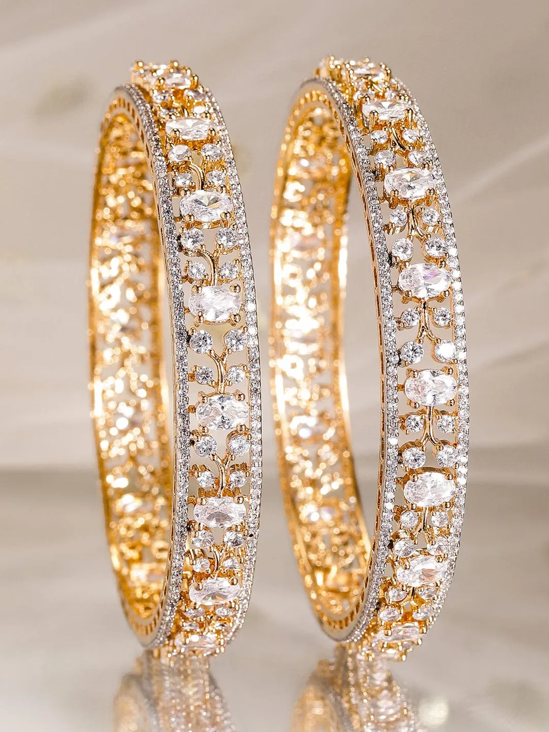 Rubans Set Of 2 22K Gold Plated CZ Studded Bangles