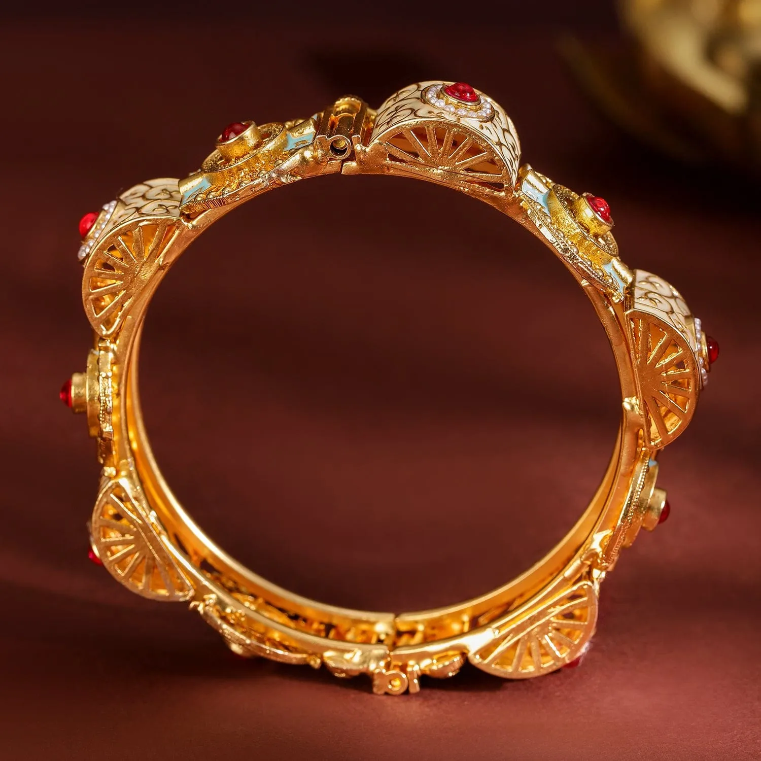 Rubans Set of 2, 22K Gold-Plated Handcrafted Traditional Bangles with Red Stones, Pearls, Blue & Peach Enamel