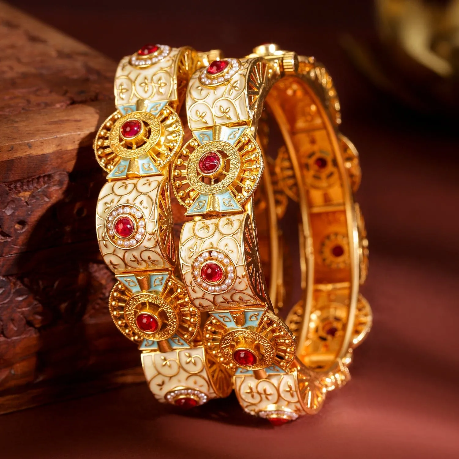 Rubans Set of 2, 22K Gold-Plated Handcrafted Traditional Bangles with Red Stones, Pearls, Blue & Peach Enamel