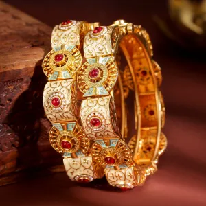 Rubans Set of 2, 22K Gold-Plated Handcrafted Traditional Bangles with Red Stones, Pearls, Blue & Peach Enamel