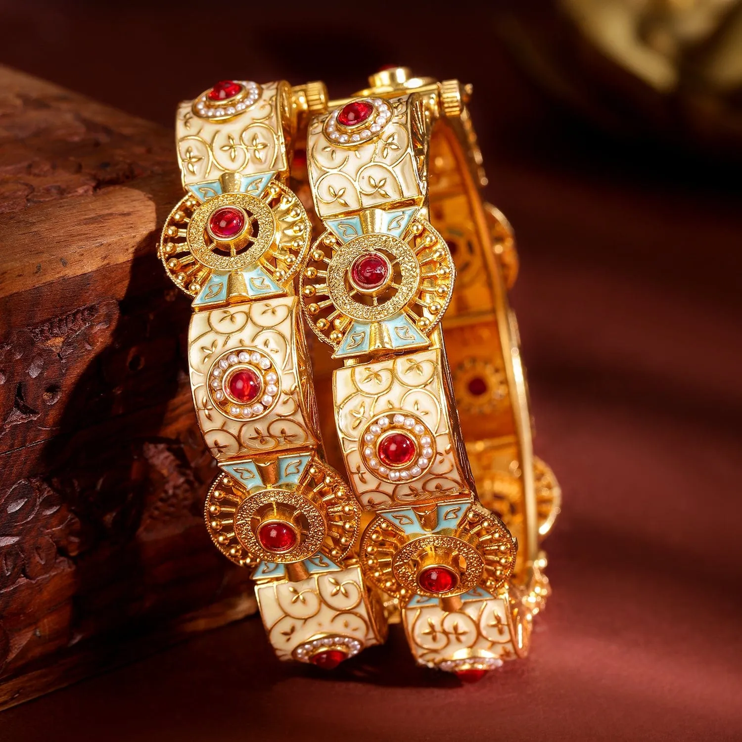 Rubans Set of 2, 22K Gold-Plated Handcrafted Traditional Bangles with Red Stones, Pearls, Blue & Peach Enamel