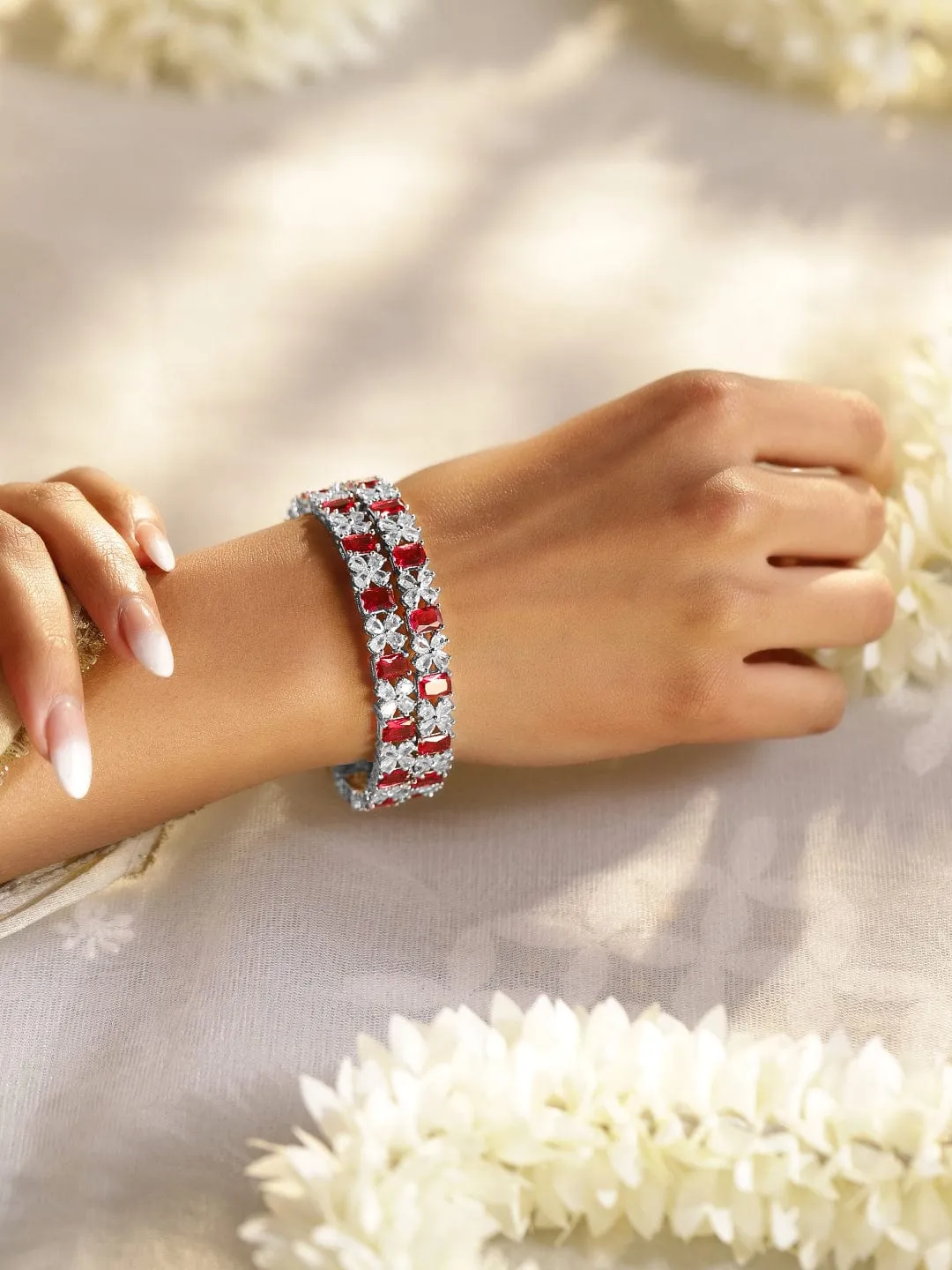 Rubans Set Of 2 Rhodium-Plated CZ Studded Bangles
