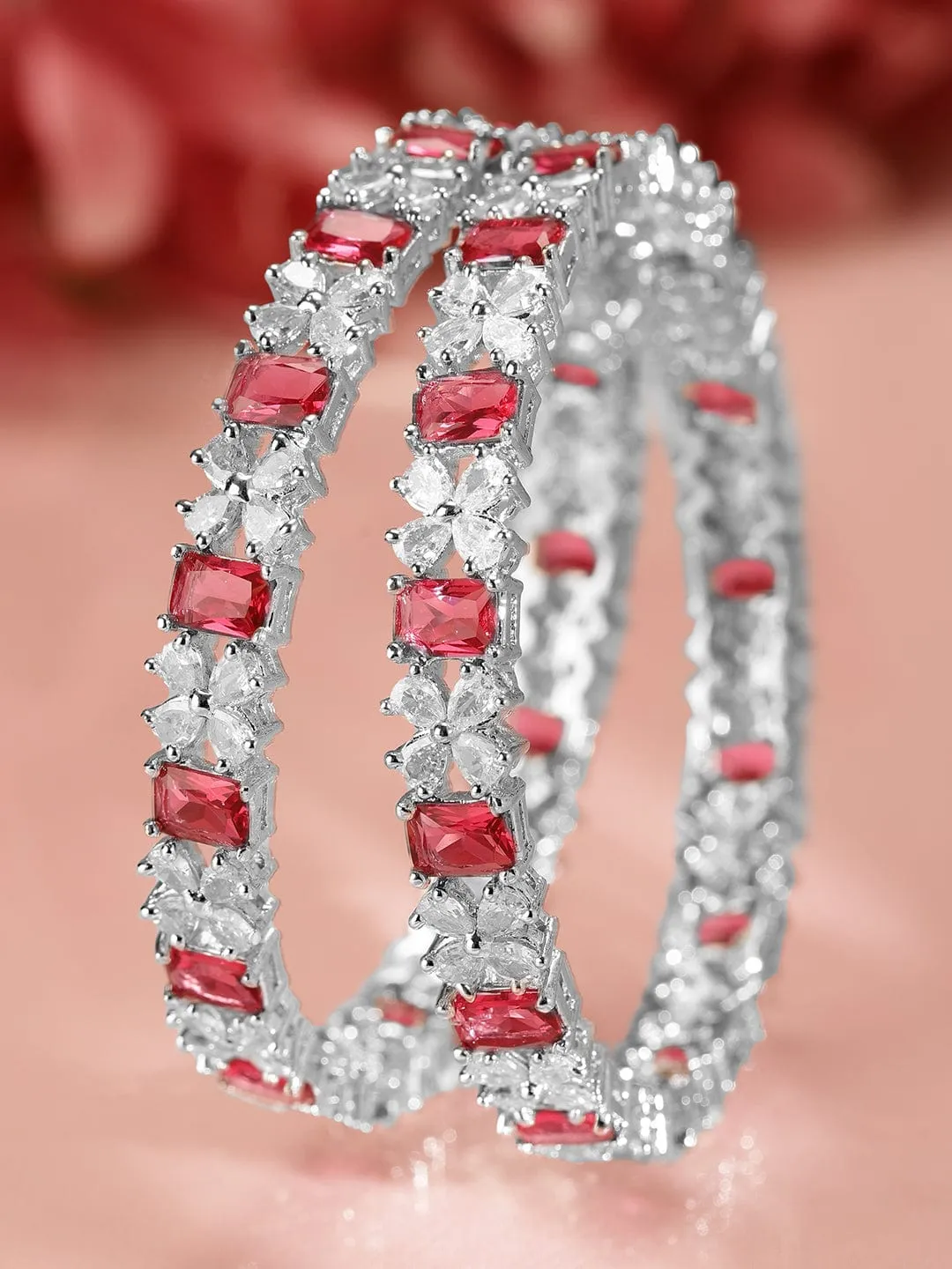 Rubans Set Of 2 Rhodium-Plated CZ Studded Bangles