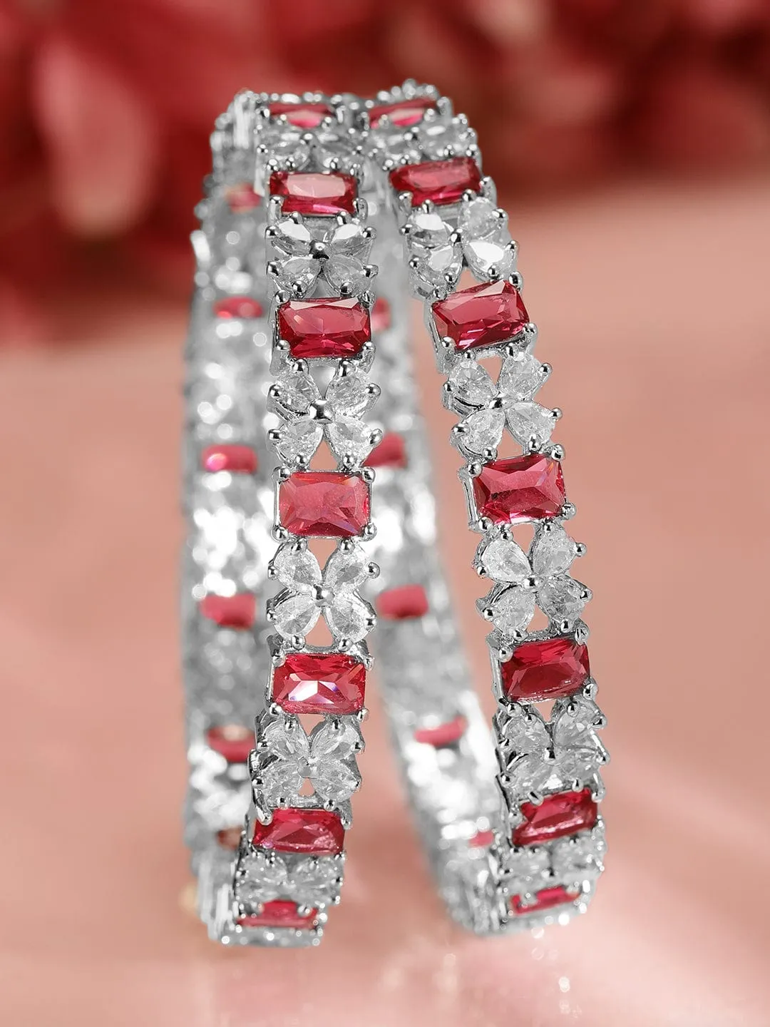 Rubans Set Of 2 Rhodium-Plated CZ Studded Bangles