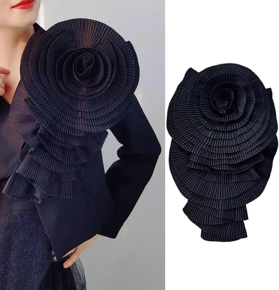 Ruffed Lace Fabric Brooch Pin Big Flower Pleated Chiffon Fabric Appliques Women Shoulder Decoration Trim