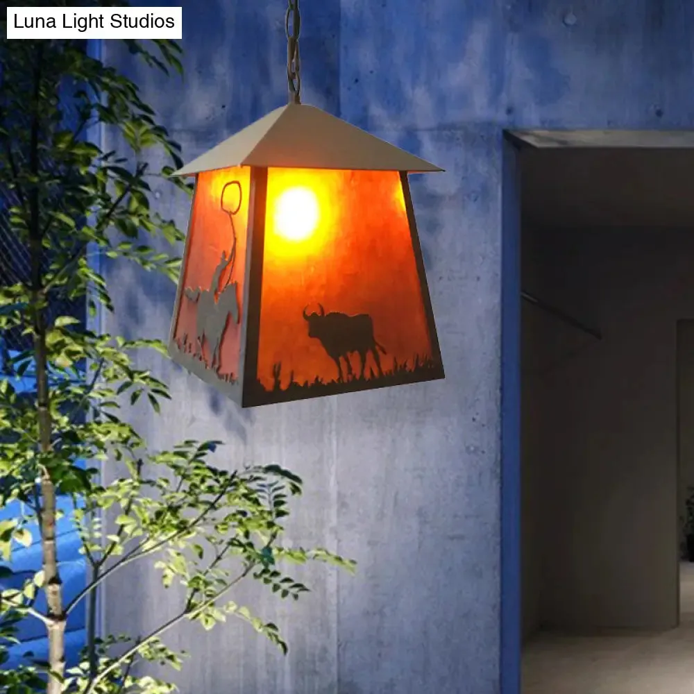 Rustic Animal Pattern Metal Pendant Ceiling Light - 1-Light Trapezoid Design