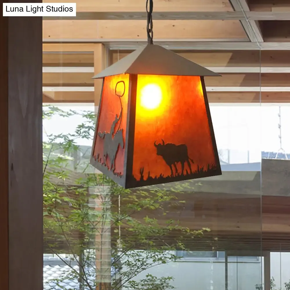 Rustic Animal Pattern Metal Pendant Ceiling Light - 1-Light Trapezoid Design