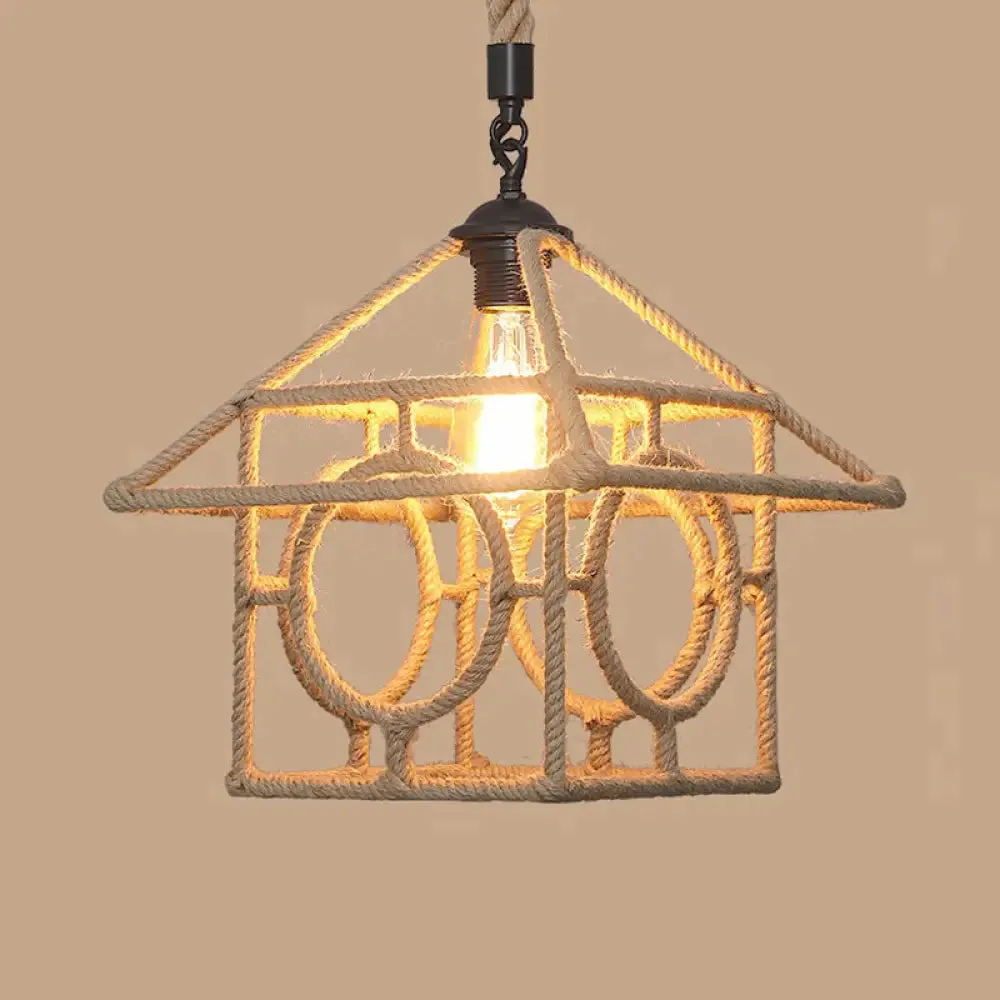 Rustic Hemp Rope Pendant Light Fixture with Brown Bulb