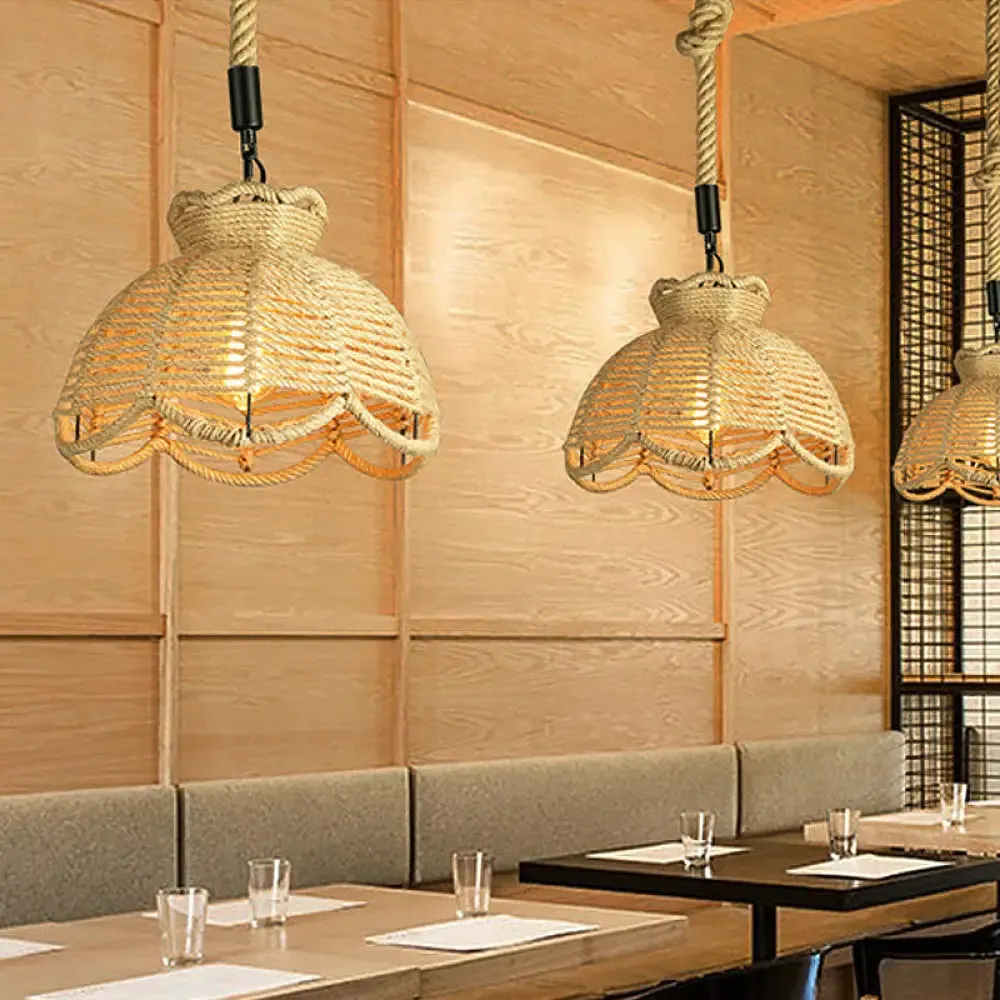 Rustic Scalloped Bowl Pendant Ceiling Lamp with Jute Rope Suspension - Wood Finish - Ideal for Dining Room