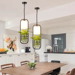 Rustic Single Pendant Light with Fabric Shade and Glass Planter in Black