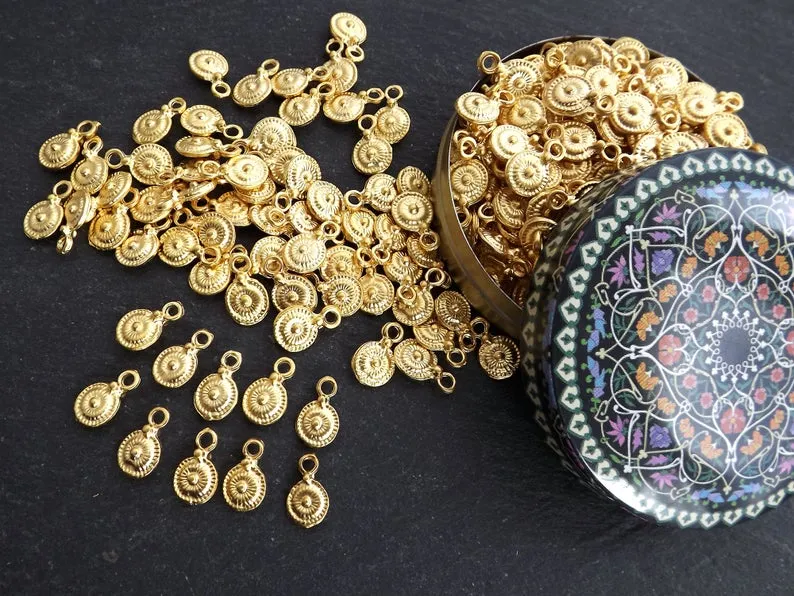Rustic Tribal Dot Disc Coin Charms, Round Drop Pendant, 22k Matte Gold Plated, 10pc