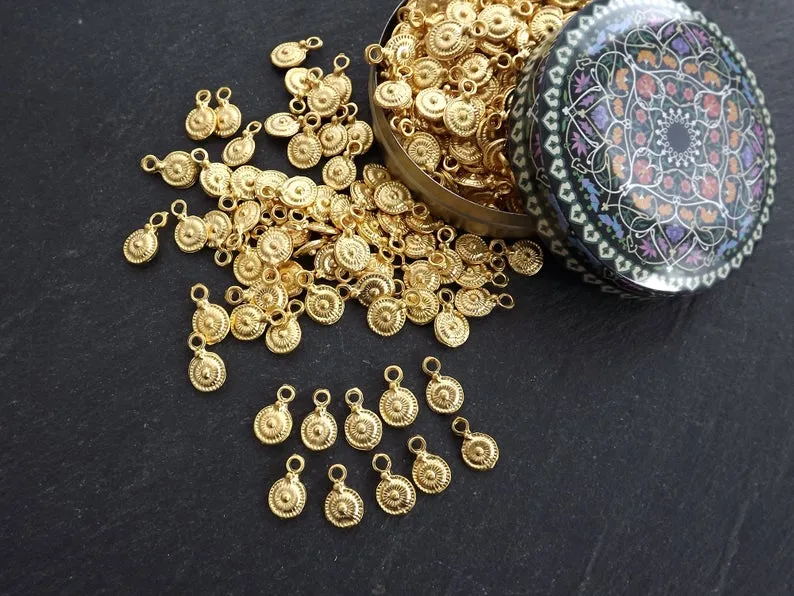Rustic Tribal Dot Disc Coin Charms, Round Drop Pendant, 22k Matte Gold Plated, 10pc