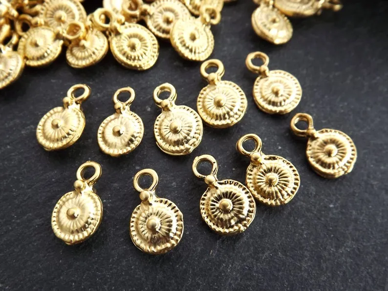 Rustic Tribal Dot Disc Coin Charms, Round Drop Pendant, 22k Matte Gold Plated, 10pc