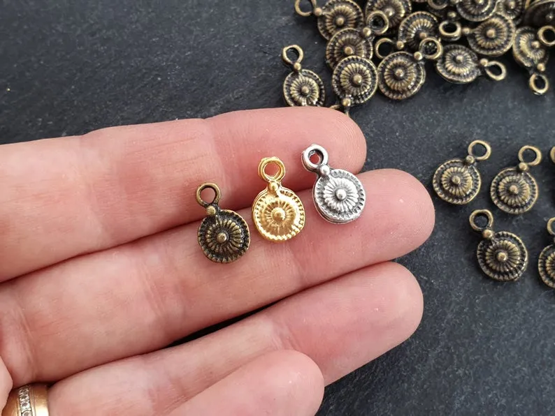 Rustic Tribal Dot Disc Coin Charms, Round Drop Pendant, 22k Matte Gold Plated, 10pc