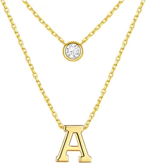 S925 Sterling Silver Lab-Grown Diamond Necklace,Gold-Plated Letter Pendant Necklace,Double Layer Chain Necklace,Womens Fashion Jewelry,Valentines Day Gift for Women