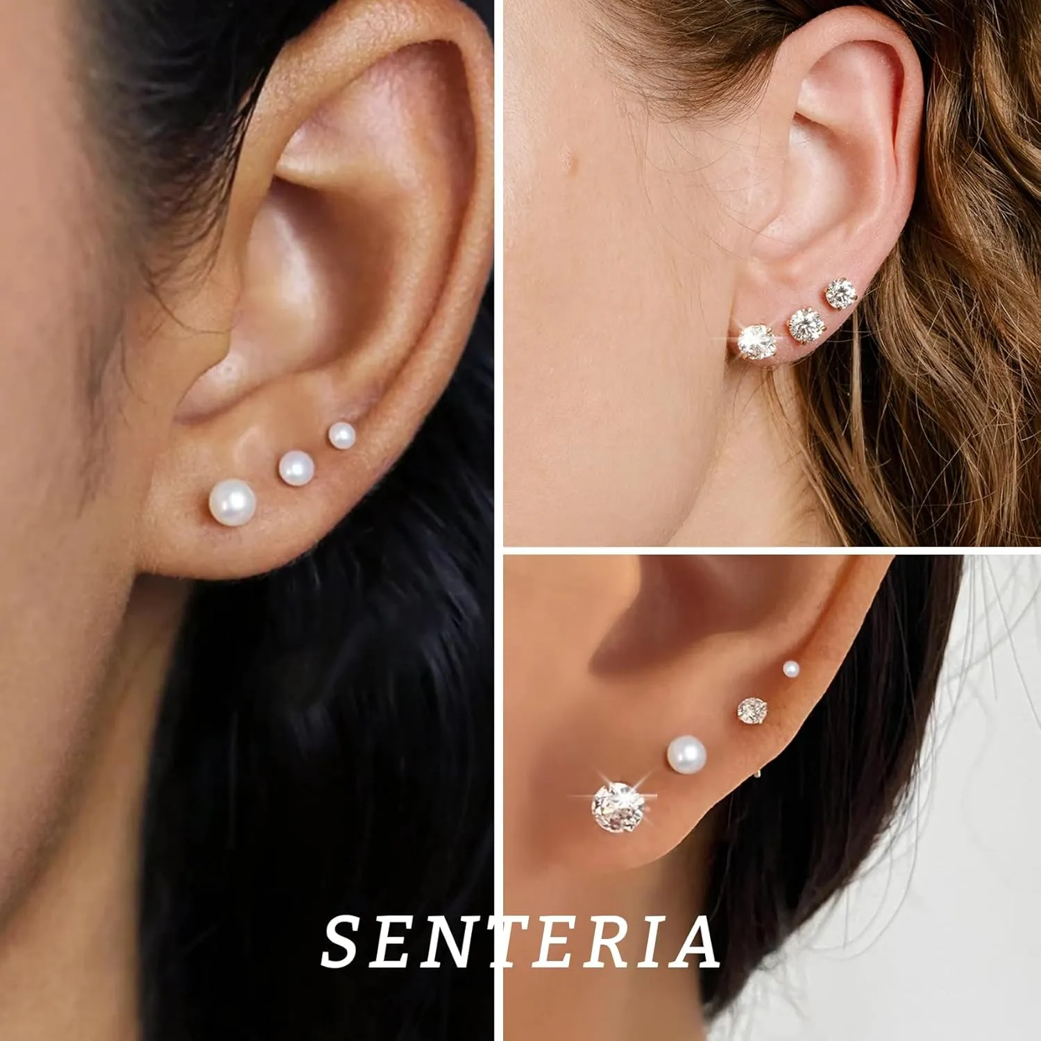 Senteria 925 Sterling Silver Pearl Earrings Studs Set Hypoallergenic Small Stud Earrings Lightweight Shiny Earrings Studs for Women 6 Pairs 3-10MM