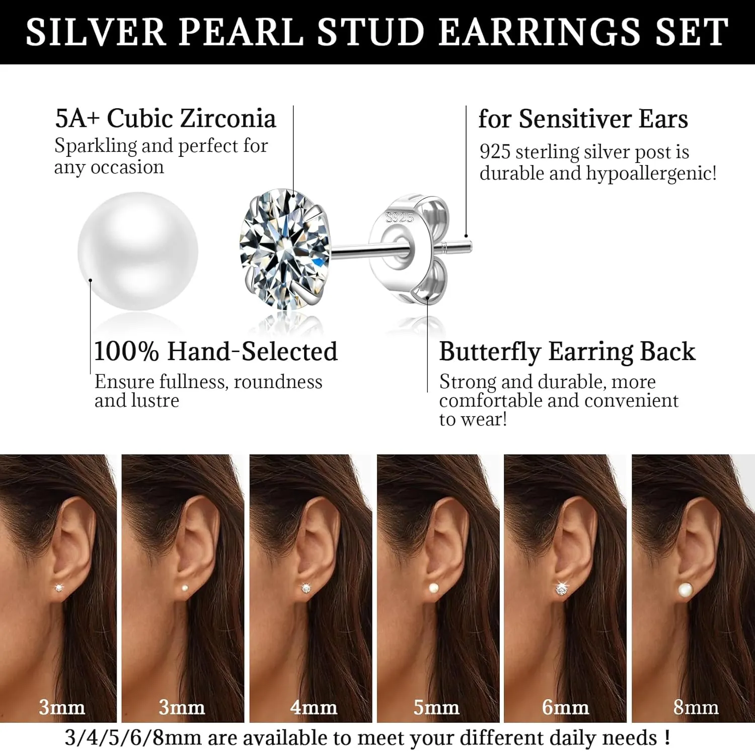 Senteria 925 Sterling Silver Pearl Earrings Studs Set Hypoallergenic Small Stud Earrings Lightweight Shiny Earrings Studs for Women 6 Pairs 3-10MM
