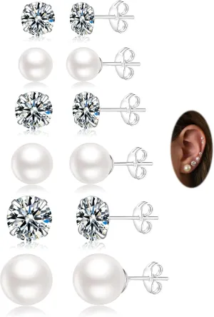 Senteria 925 Sterling Silver Pearl Earrings Studs Set Hypoallergenic Small Stud Earrings Lightweight Shiny Earrings Studs for Women 6 Pairs 3-10MM