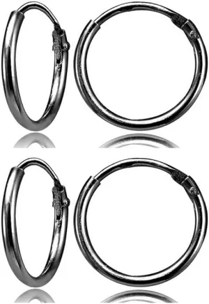 Set of 2 Pairs Black Flashed Sterling Silver Small Endless 10mm Lightweight Thin Round Unisex Hoop Earrings