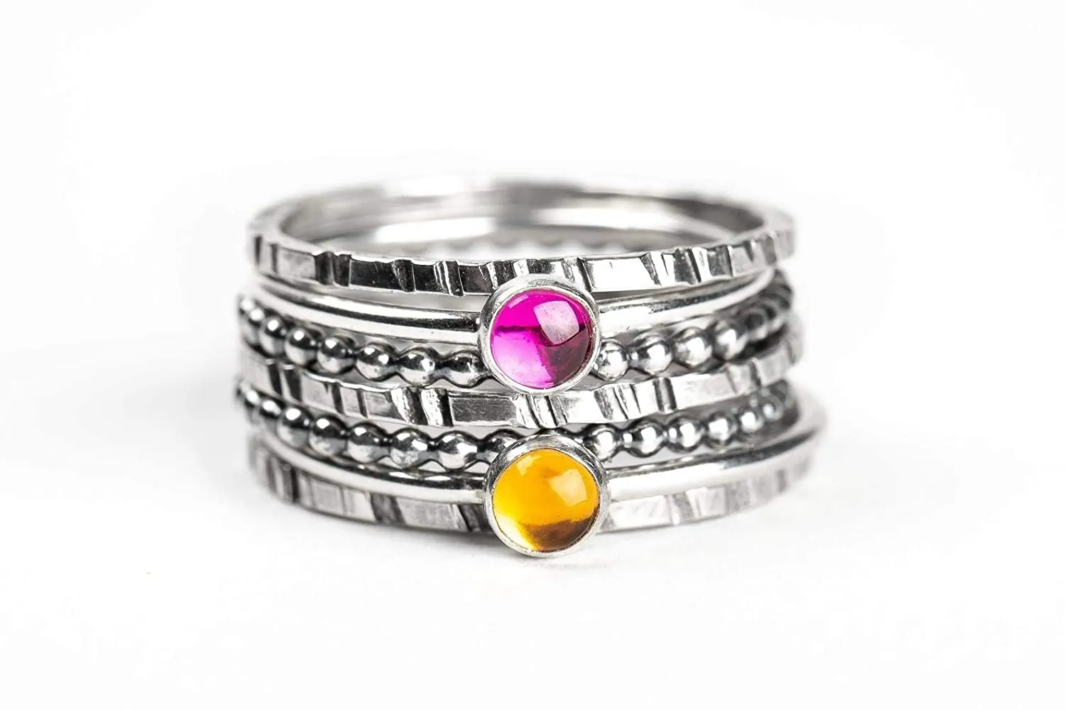 Set of 7 Colorful Stacking Rings | Sterling Silver Stackable Stack Ring Bands with Gemstones | Multiple Options | USA Sizes 4-12 (11.5, Pink Ruby & Yellow Citrine)