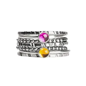 Set of 7 Colorful Stacking Rings | Sterling Silver Stackable Stack Ring Bands with Gemstones | Multiple Options | USA Sizes 4-12 (11.5, Pink Ruby & Yellow Citrine)