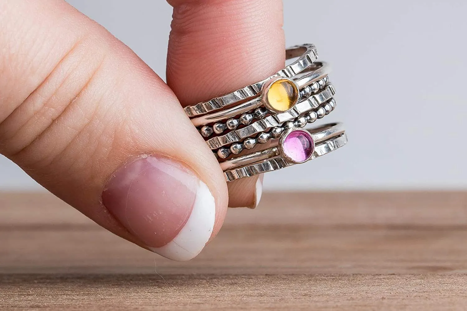 Set of 7 Colorful Stacking Rings | Sterling Silver Stackable Stack Ring Bands with Gemstones | Multiple Options | USA Sizes 4-12 (11.5, Pink Ruby & Yellow Citrine)