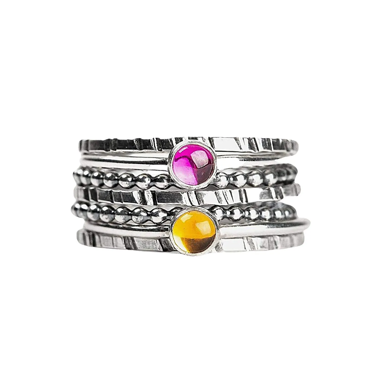 Set of 7 Colorful Stacking Rings | Sterling Silver Stackable Stack Ring Bands with Gemstones | Multiple Options | USA Sizes 4-12 (11.5, Pink Ruby & Yellow Citrine)