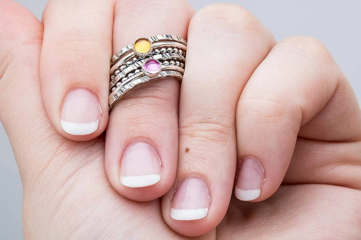 Set of 7 Colorful Stacking Rings | Sterling Silver Stackable Stack Ring Bands with Gemstones | Multiple Options | USA Sizes 4-12 (11.5, Pink Ruby & Yellow Citrine)