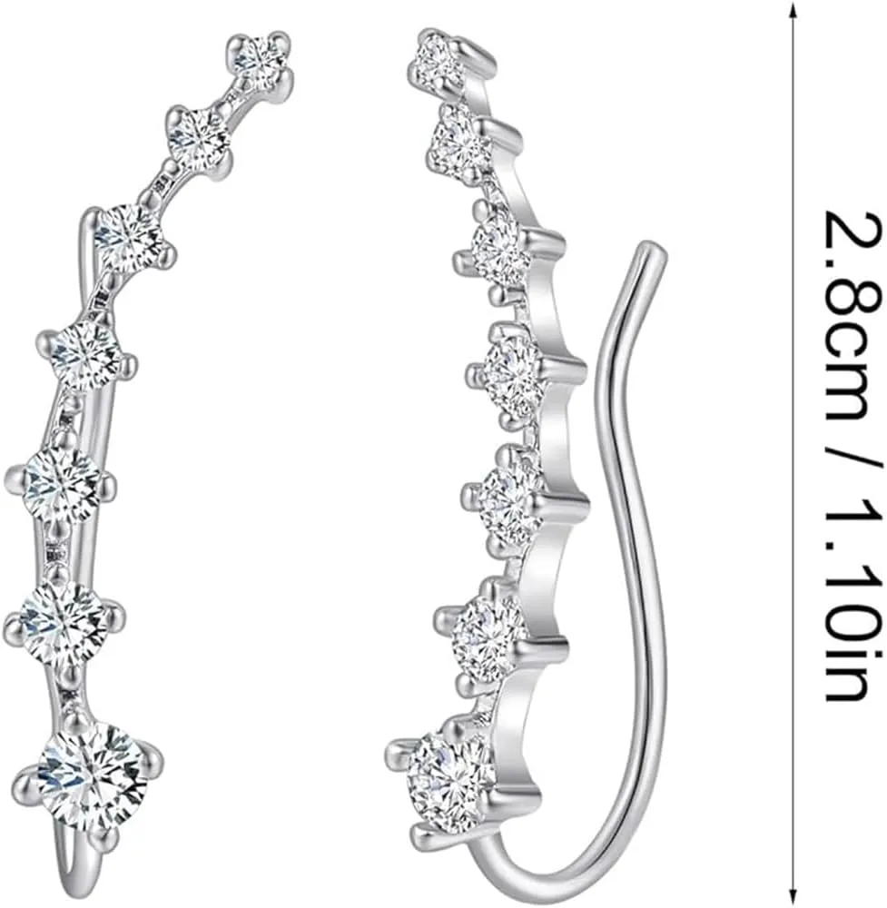 Seven Star Diamond Stud Earrings,925 Sterling Silver 7 Crystals Ear Cuffs Hoop Climber Earring,Seven-Star Zircon Ear Studs RhinestoneEar Clamps (Silver,2.8CM)