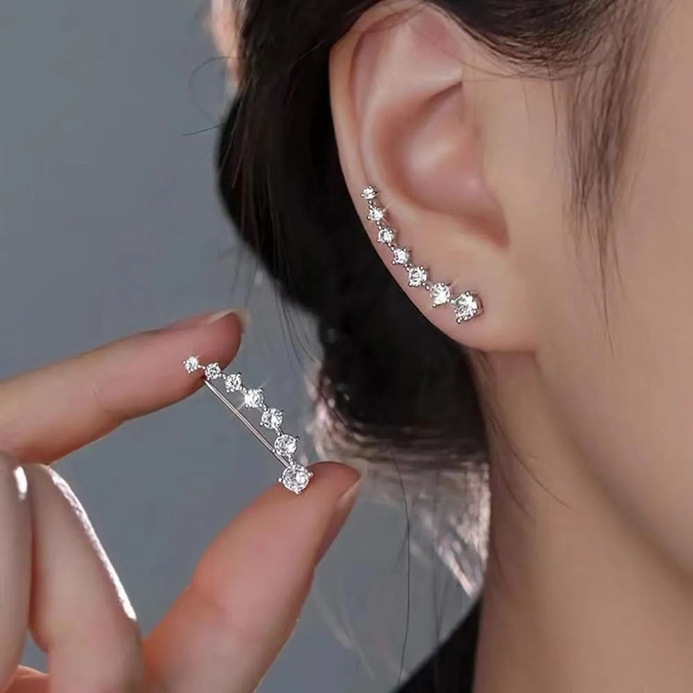 Seven Star Diamond Stud Earrings,925 Sterling Silver 7 Crystals Ear Cuffs Hoop Climber Earring,Seven-Star Zircon Ear Studs RhinestoneEar Clamps (Silver,2.8CM)