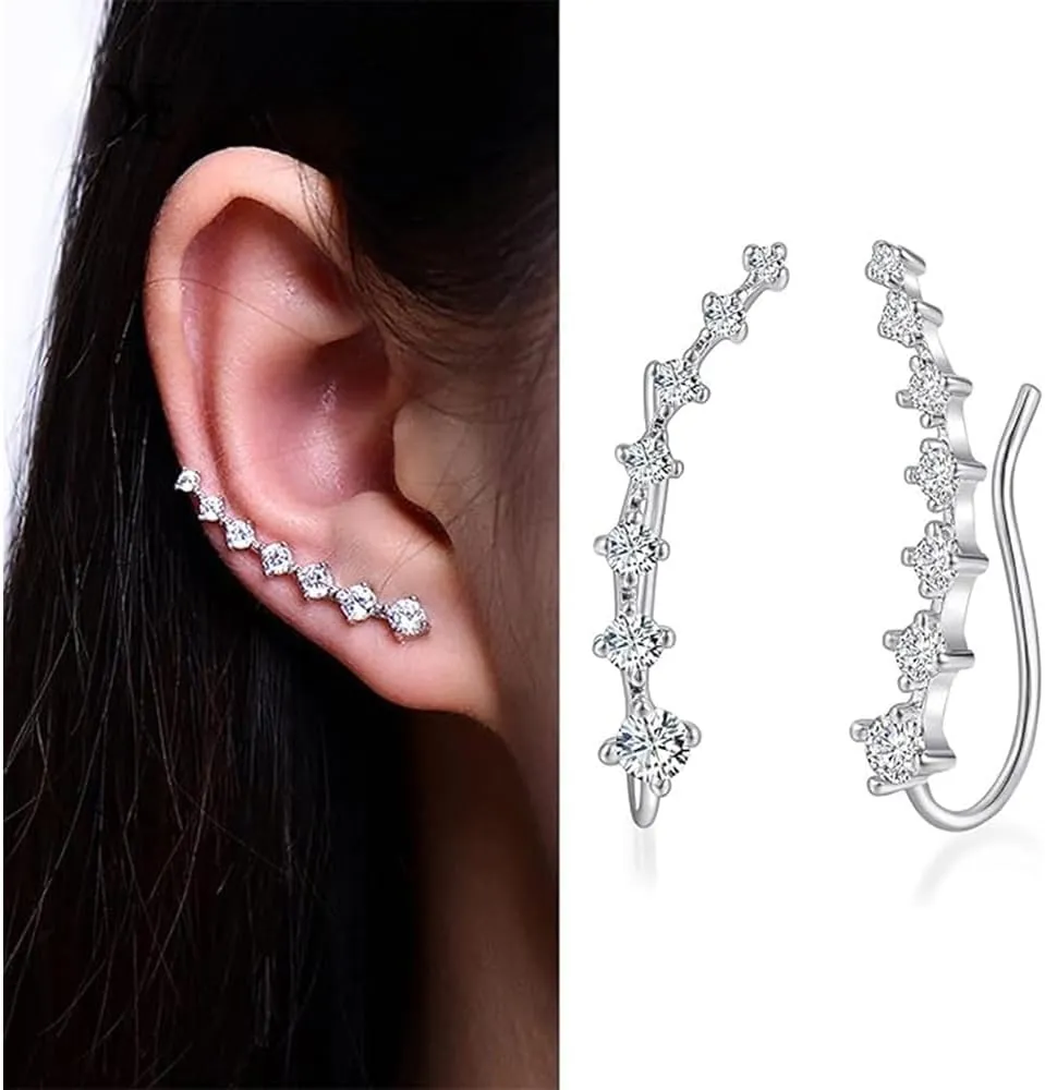 Seven Star Diamond Stud Earrings,925 Sterling Silver 7 Crystals Ear Cuffs Hoop Climber Earring,Seven-Star Zircon Ear Studs RhinestoneEar Clamps (Silver,2.8CM)