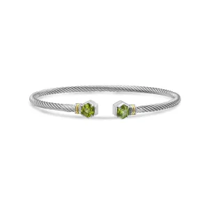 Silver & 18K Hexagon Cable Peridot Bangle