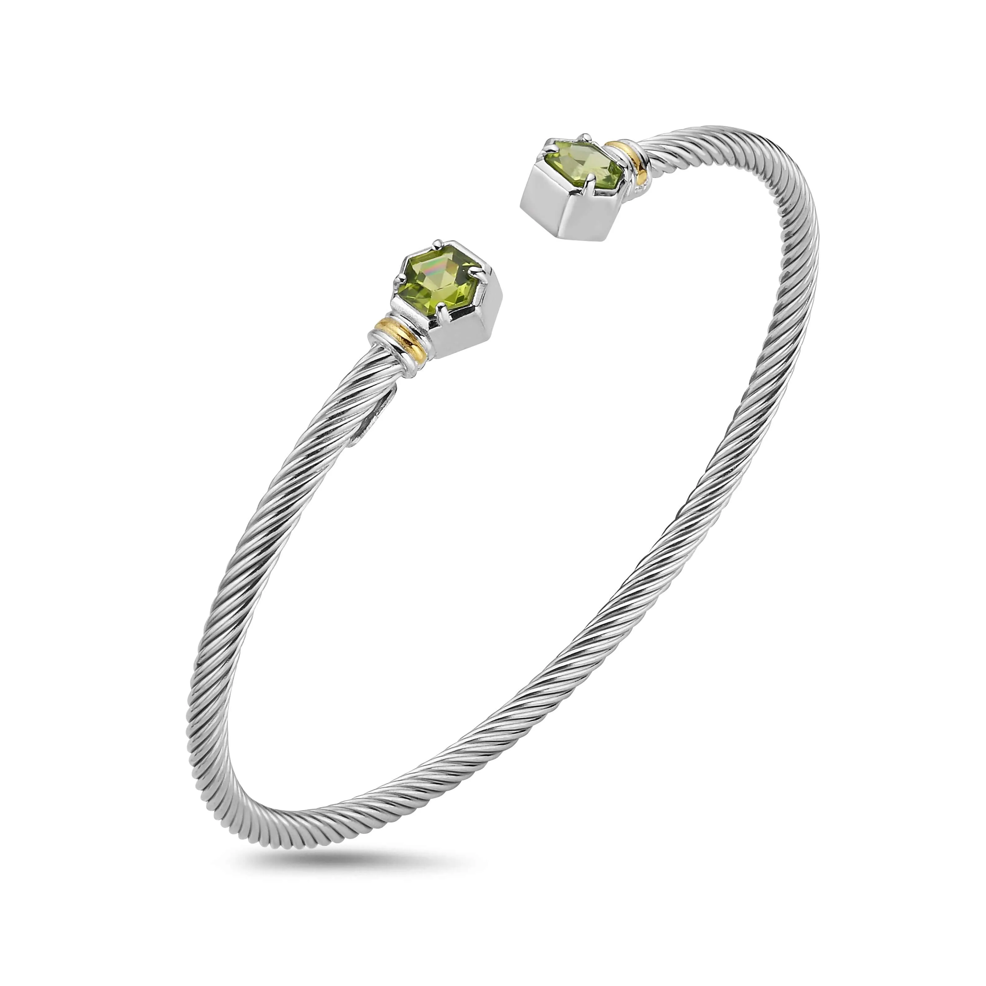 Silver & 18K Hexagon Cable Peridot Bangle