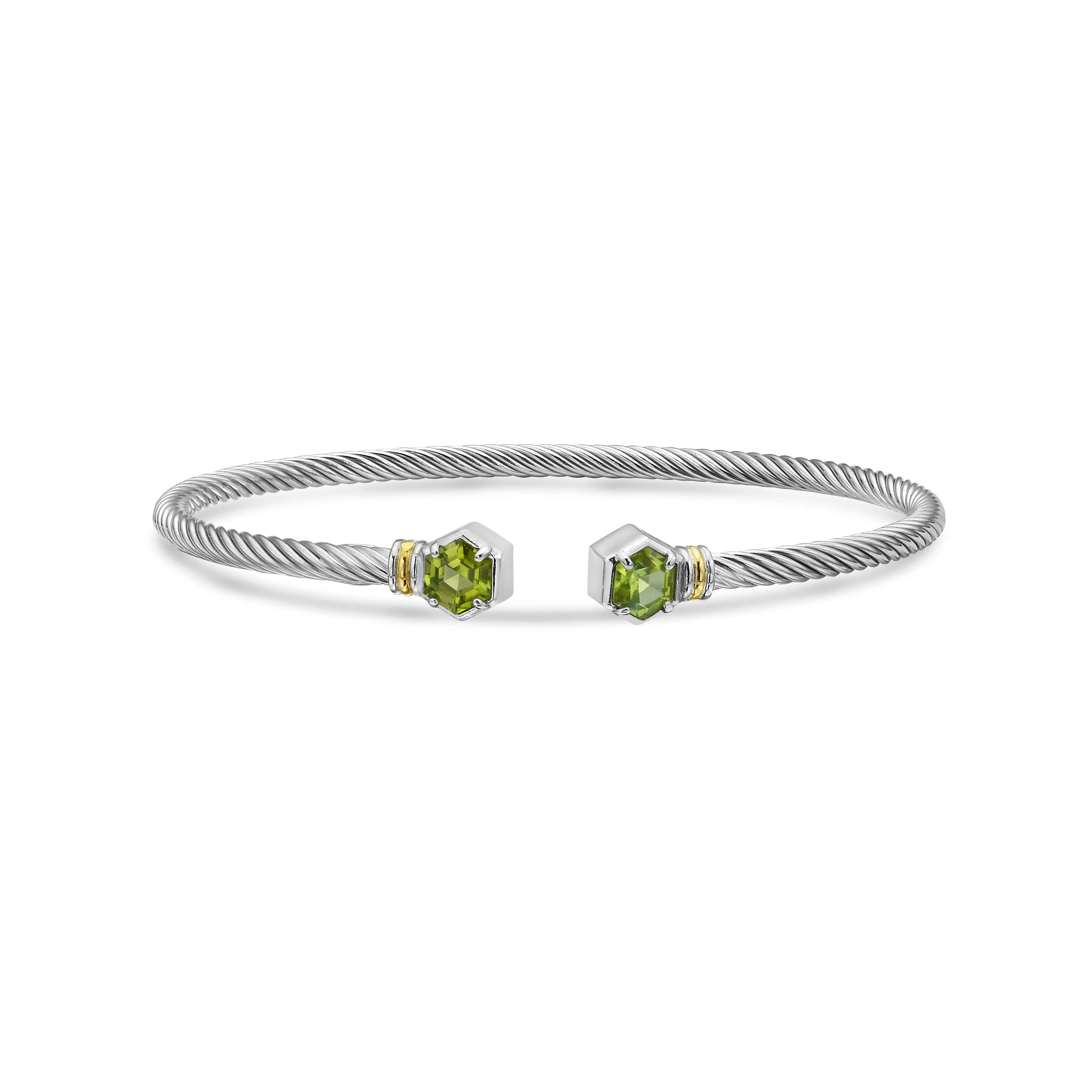 Silver & 18K Hexagon Cable Peridot Bangle