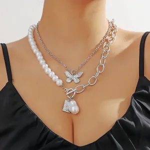 Silver Double Layered Chain Choker Necklace Boho Bohemian Choker Dainty Chain Lock and Butterfly Pearl Choker Necklace Rhinestone Butterfly Necklace Chain Short Pearl Necklace for Women