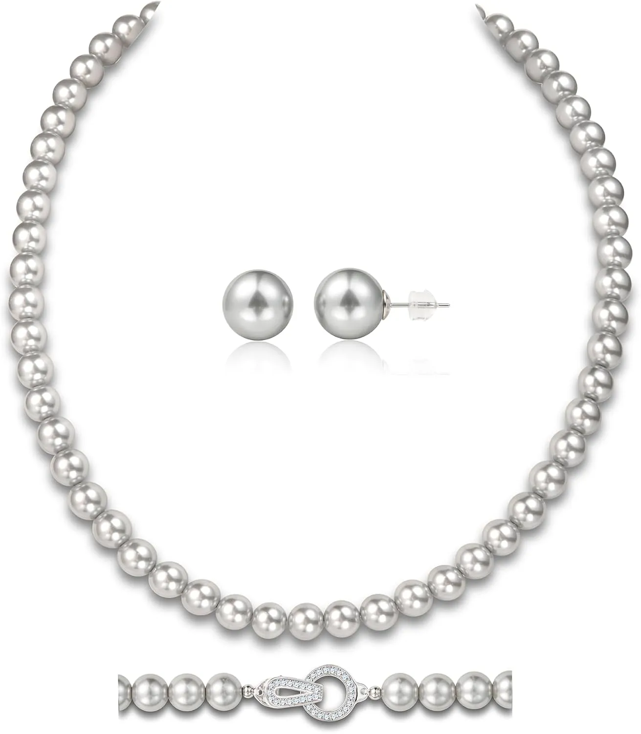 Silver Pearl Necklace 18 inch and Pearl Earrings Studs, Lustrous Gorgeous Imitated Silver Pearls Jewelry Set For Women