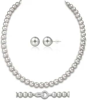 Silver Pearl Necklace 18 inch and Pearl Earrings Studs, Lustrous Gorgeous Imitated Silver Pearls Jewelry Set For Women