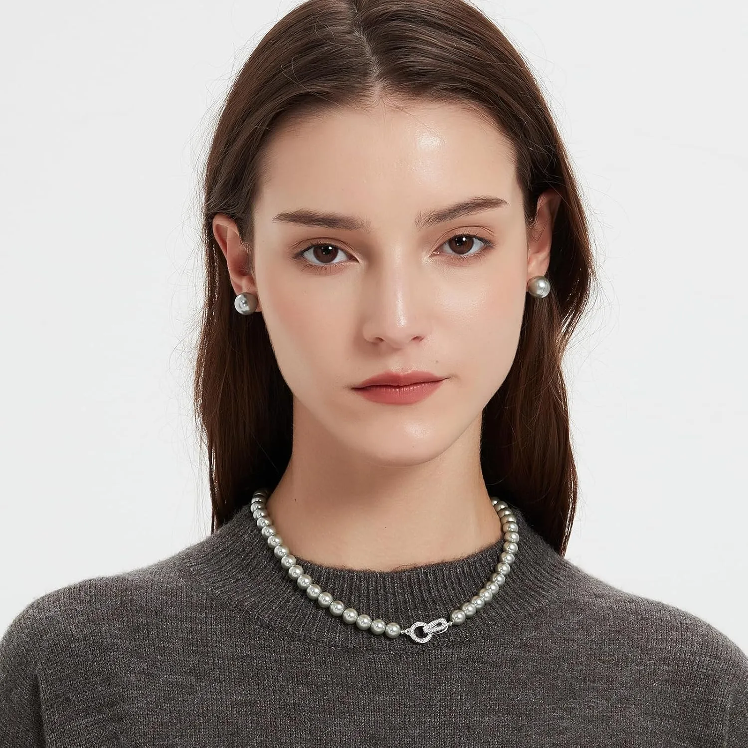 Silver Pearl Necklace 18 inch and Pearl Earrings Studs, Lustrous Gorgeous Imitated Silver Pearls Jewelry Set For Women