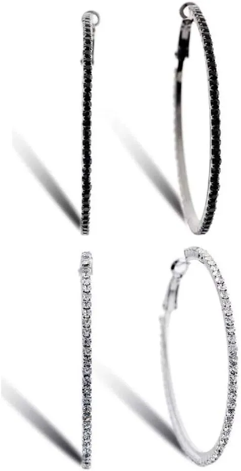 Silver Plated Women Hoop Earrings Bridal Wedding Black White Pink Crystal Rhinestone Jewelry