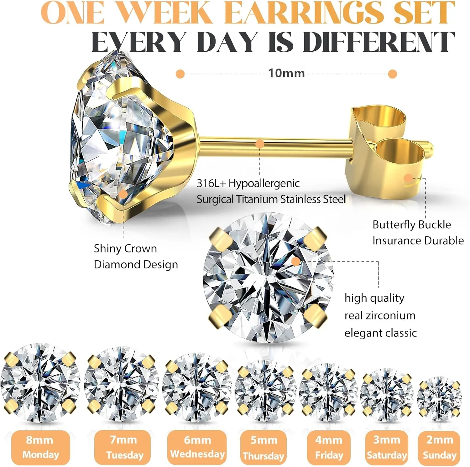 Silver Stud Earrings Set 7Pairs Hypoallergenic Cubic Zirconia Titanium Stainless Steel Silver Rose Gold Black CZ Cartilage Helix Flatback Ball Stud Earrings Fashion Jewelry Sets for Women Men