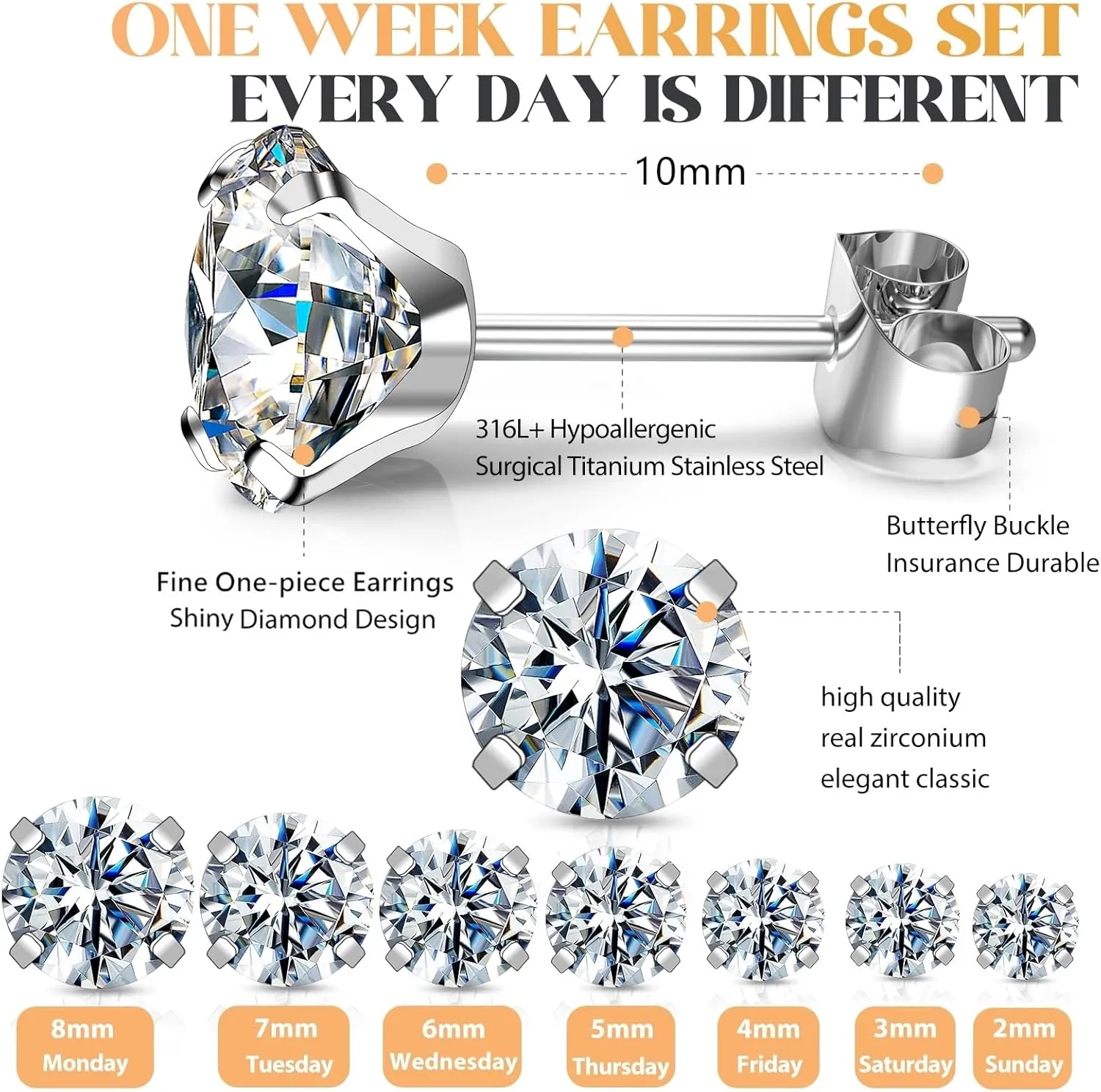 Silver Stud Earrings Set 7Pairs Hypoallergenic Cubic Zirconia Titanium Stainless Steel Silver Rose Gold Black CZ Cartilage Helix Flatback Ball Stud Earrings Fashion Jewelry Sets for Women Men