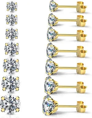 Silver Stud Earrings Set 7Pairs Hypoallergenic Cubic Zirconia Titanium Stainless Steel Silver Rose Gold Black CZ Cartilage Helix Flatback Ball Stud Earrings Fashion Jewelry Sets for Women Men
