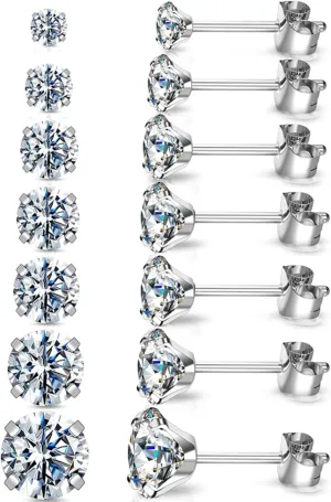 Silver Stud Earrings Set 7Pairs Hypoallergenic Cubic Zirconia Titanium Stainless Steel Silver Rose Gold Black CZ Cartilage Helix Flatback Ball Stud Earrings Fashion Jewelry Sets for Women Men