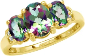 Silvershake 2.62 CTW 3-Stone Genuine Oval Shape Mystic Fire Rainbow Topaz 14K Yellow Gold Plated 925 Sterling Silver Gemstone Ring