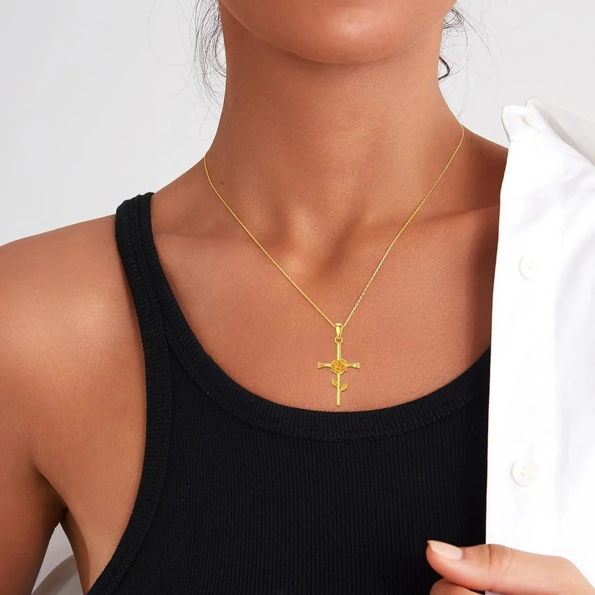 SISGEM Solid 14K Gold Birth Flower Cross Necklace, Real Gold 12 Month Cross Pendant Necklace Religious Birthday Jewelry Gifts for Women, Her