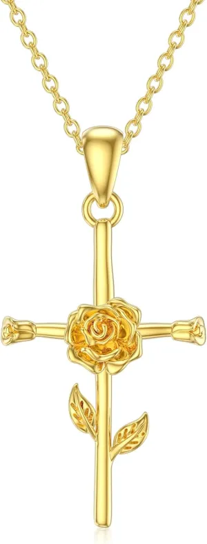 SISGEM Solid 14K Gold Birth Flower Cross Necklace, Real Gold 12 Month Cross Pendant Necklace Religious Birthday Jewelry Gifts for Women, Her