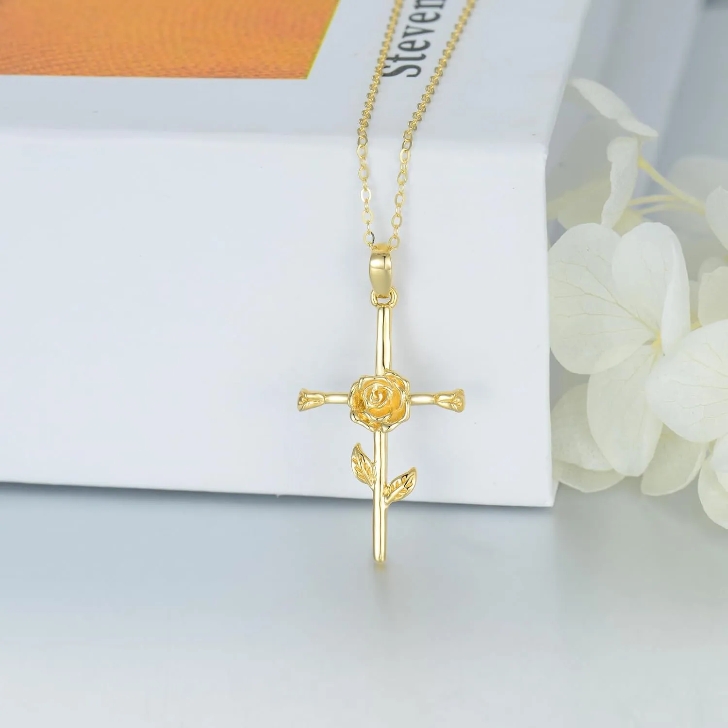 SISGEM Solid 14K Gold Birth Flower Cross Necklace, Real Gold 12 Month Cross Pendant Necklace Religious Birthday Jewelry Gifts for Women, Her